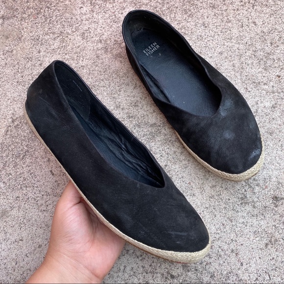 Eileen Fisher Black Suede Leather Jute Espadrille